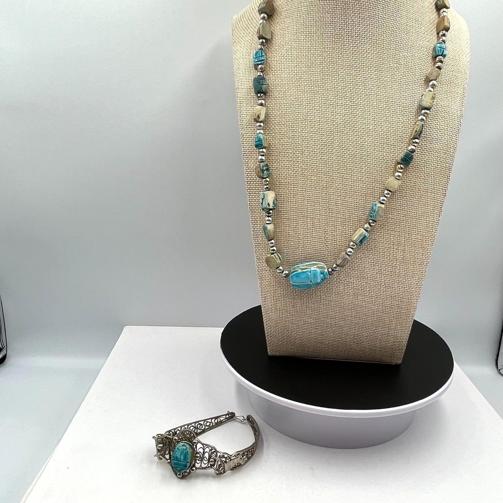 Vintage Egyptian Revival Scarab Beetle Beads Necklace & Filigree‎ Bracelet Set